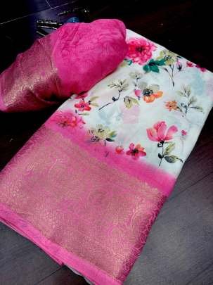 Pink Flower Printed Dola Silk Saree With Jacquard Border