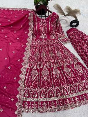 Pink Heavy Embroidery Work Chinon Silk Party Wear Gown