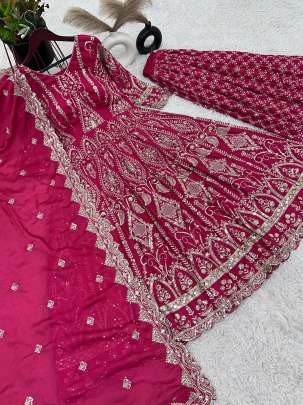 Pink Heavy Embroidery Work Chinon Silk Party Wear Gown