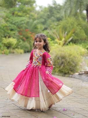 Pink Kids Girls Navratri Collection Kora Cotton Lehenga Choli