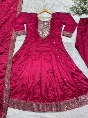 Pink Party Wear Chinon Silk Readymade Gown