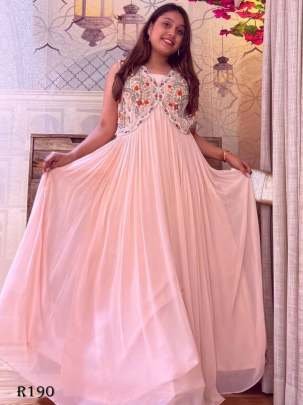 Pink Party Wear Embroidered Georgette Gown With Sleeveless