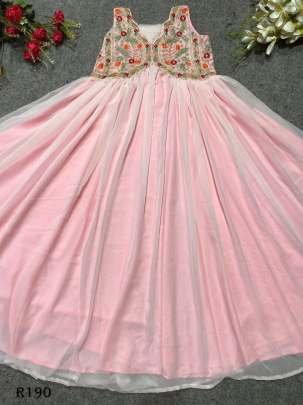 Pink Party Wear Embroidered Georgette Gown With Sleeveless