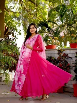 Pink Plain Readymade Tebby Silk Gown With Printed Dupatta