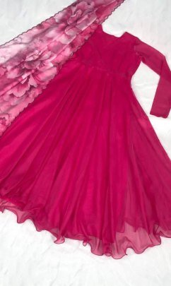 Pink Plain Readymade Tebby Silk Gown With Printed Dupatta