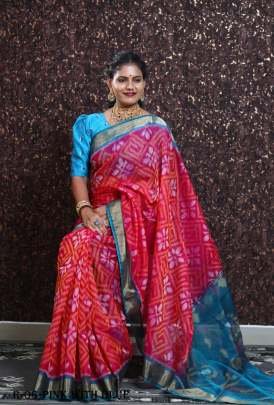 Pink Pramila Ikkat Patola Digital Printed Saree with Sky Blue Blouse