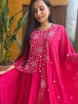Pink Pure Chinon Jacket Gown  Dupatta With Heavy Embroidery Work