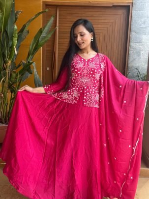 Pink Pure Chinon Jacket Gown  Dupatta With Heavy Embroidery Work