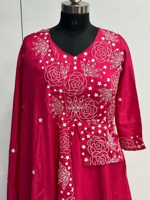 Pink Pure Chinon Jacket Gown  Dupatta With Heavy Embroidery Work