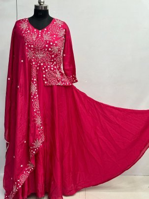 Pink Pure Chinon Jacket Gown  Dupatta With Heavy Embroidery Work