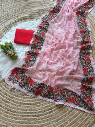 Pink Pure Georgette Silk Embroidery Work Saree