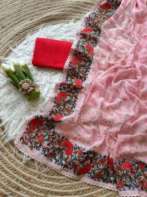 Pink Pure Georgette Silk Embroidery Work Saree