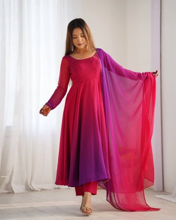 Pink Purple Anarkali Gown in Fox Georgette with Dupatta And Pant Set
