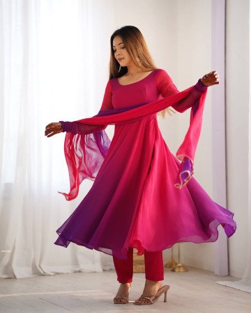 Pink Purple Anarkali Gown in Fox Georgette with Dupatta And Pant Set