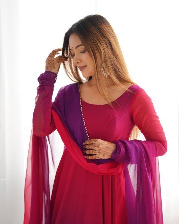 Pink Purple Anarkali Gown in Fox Georgette with Dupatta And Pant Set