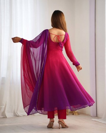 Pink Purple Anarkali Gown in Fox Georgette with Dupatta And Pant Set