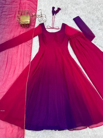 Pink Purple Anarkali Gown in Fox Georgette with Dupatta And Pant Set