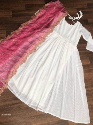 Pink Readymade Georgette Butti Gown With Dupatta
