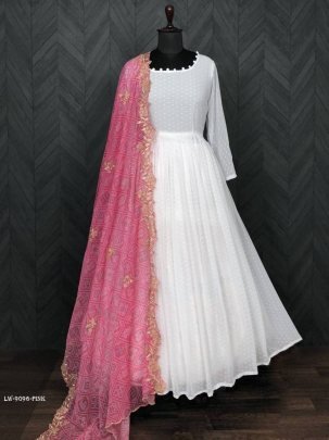 Pink Readymade Georgette Butti Gown With Dupatta