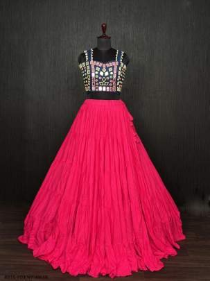 Pink Real Mirror Work Rayon Navratri Lehenga Choli With Blue Blouse