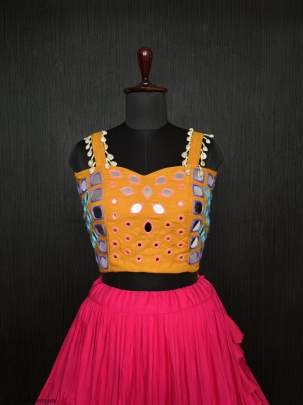 Pink Real Mirror Work Rayon Navratri Lehenga Choli With Yellow Blouse