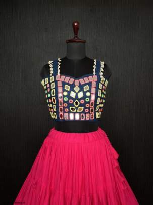 Pink Real Mirror Work Rayon Navratri Lehenga Choli With Blue Blouse