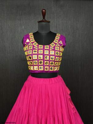 Pink Real Mirror Work Rayon Navratri Lehenga Choli With Pink Blouse