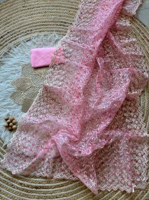 Pink Supper Hot Floral Print And Chikankari Pure Organza Silk Saree