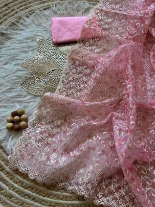 Pink Supper Hot Floral Print And Chikankari Pure Organza Silk Saree
