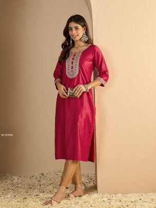 Pink Viscose Rayon Straight Sequence And Embroidered Kurtis