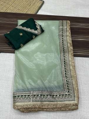 Pista Attractive And Beautiful Soft Zari Tissue Saree With Cording Work