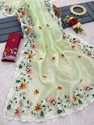 Pista Beautiful Heavy Embroidery Work Khadi Organza Silk Saree
