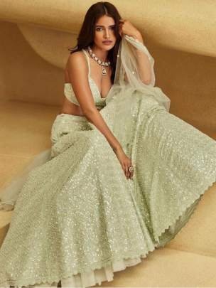 Pista Colored Faux Georgette Lehenga Choli