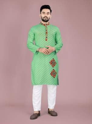 Pista Cotton Kurta And Pyjama With Gamthi Work