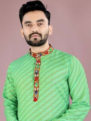 Pista Cotton Kurta And Pyjama With Gamthi Work