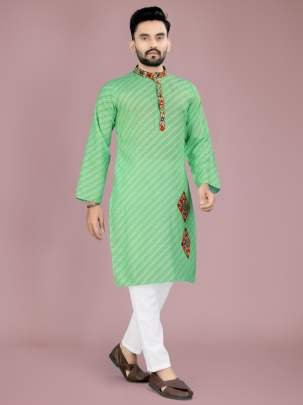 Pista Cotton Kurta And Pyjama With Gamthi Work