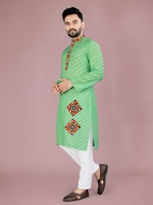 Pista Cotton Kurta And Pyjama With Gamthi Work