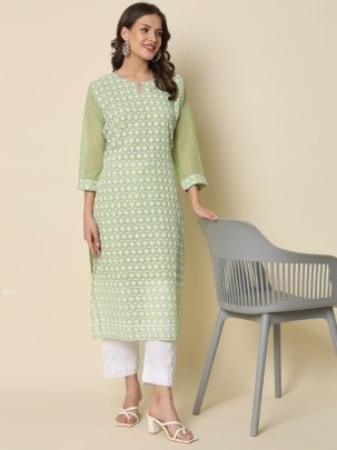 Pista Green Chikankari Embroidered Kurti Pant Set 