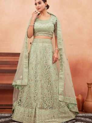 Pista Green Embroidered Foil Work Net Lehenga Choli