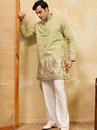 Pista Green Viscose Silk Kurta with Multi Thread Embroidery