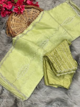 Pista Hand Work Pink Pure Soft Organza Silk Saree