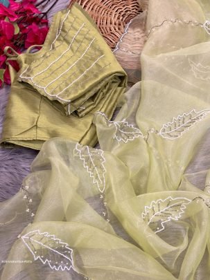 Pista Hand Work Pink Pure Soft Organza Silk Saree