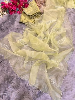 Pista Hand Work Pink Pure Soft Organza Silk Saree