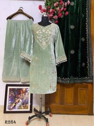 Pista Heavy Embroidery Work Velvet Palazo Suits