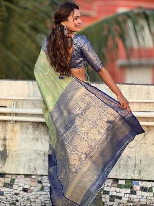 Pista Traditional Kanjivaram Tissues Pattu Saree With Zari Work