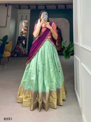 Pista Zari Weaving Work Jacquard Silk Lehenga Choli