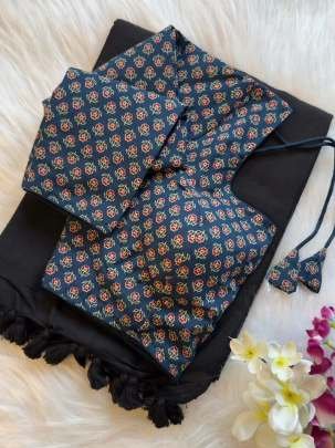 Plain Black Saree With Ajrakh Print Blue Blouse