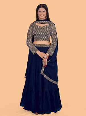 Plain Blue Georgette lehenga With Long Sleeve Blouse