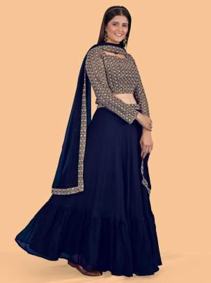 Plain Blue Georgette lehenga With Long Sleeve Blouse