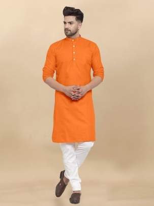 Plain Heavy Cotton Orange Kurta And Pyjama